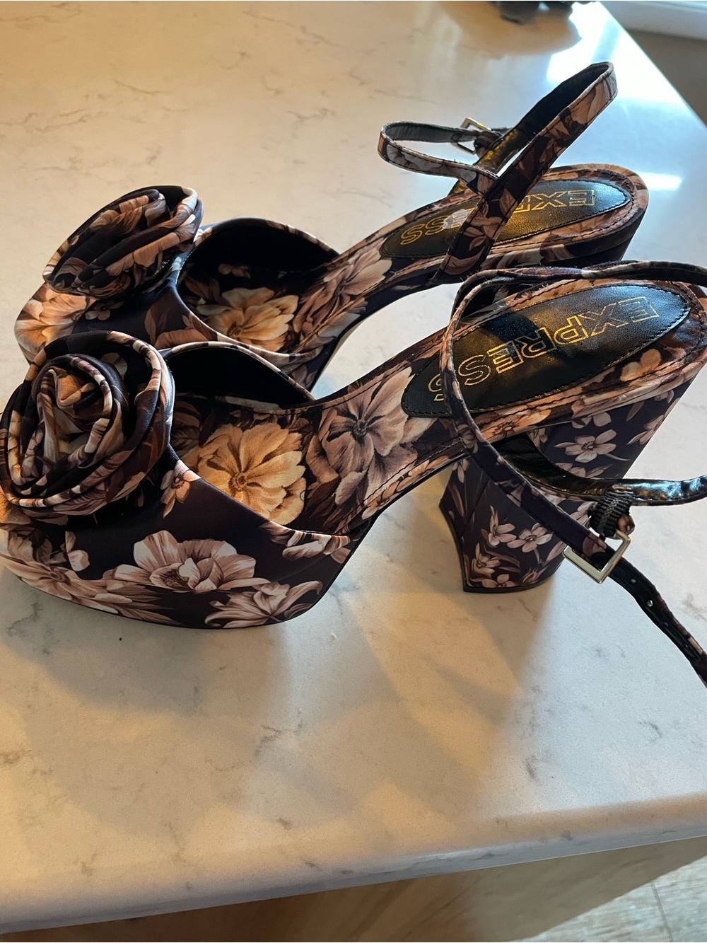 Express Brown Floral Platform Sandals with Rose Accent. Item #11671 - Picture 2 of 2
